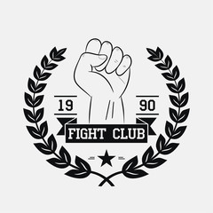 Fight Club logo. Fighting typography for design clothes, t-shirts, apparel. Sport print with fist, wreath, star and ribbon. Vector illustration.