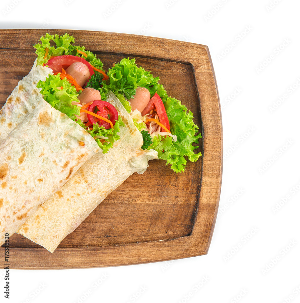 Tasty lavash rolls with sausages and vegetables, isolated on white