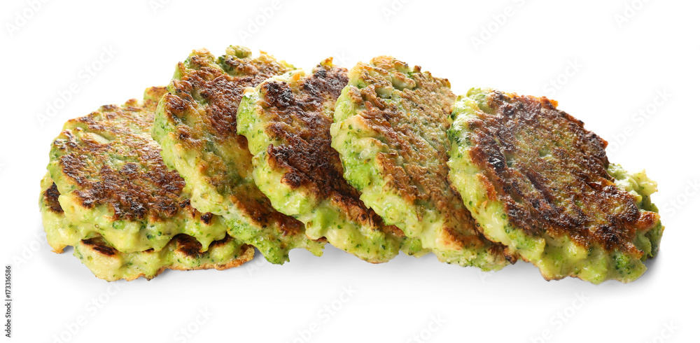 Delicious broccoli pancakes on white background, close up