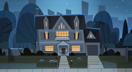 House Building Night View Suburb Of Big City, Cottage Real Estate Cute Town Concept Flat Vector Illustration