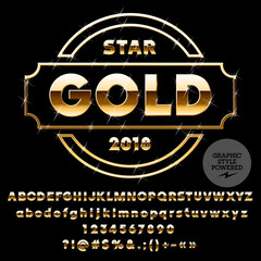 Wall Mural - Vector set of Alphabet Letters, Numbers and Punctuation Symbols. Gold Emblem with text Star Gold. Font contains Graphic Style