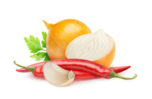 Isolated Spices. Fresh Onions, Red Chili Peppers And Garlic (hot Sauce Ingredients) Isolated On White Background With Clipping Path
