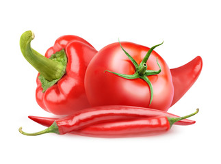 Wall Mural - Isolated vegetables. Fresh tomato, bell pepper and red chili peppers isolated on white background with clipping path