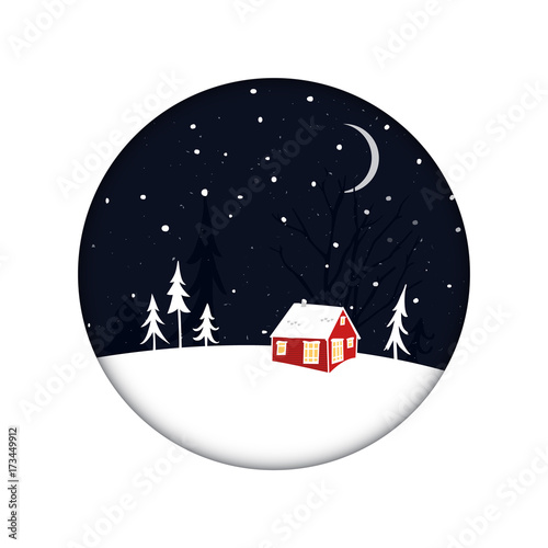 Tiny Red House At Night Scenery With Snow And Trees Silhouettes Christmas Card With Winter Landscape In Circle Frame Buy This Stock Vector And Explore Similar Vectors At Adobe Stock