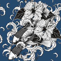 Sticker - Koi fish and Hibiscus flower pattern by hand drawing.Tattoo art highly detailed in line art style.Flower patterns for batik paint.