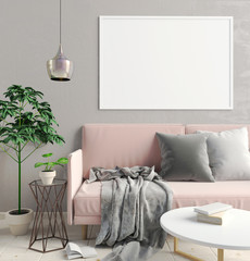 Modern interior of Scandinavian style. 3D illustration. poster mock up