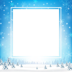 Poster - blank rectangle frame with copy space and winter snow flake falling into snow floor and lighting ove