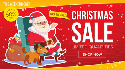 Sticker - Big Christmas Sale Banner With Happy Santa Claus. Vector. Business Advertising Illustration. Template Design For Web, Flyer, Xmas Card, Advertising.