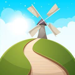 Cartoon landscape illustration. Sun. road, cloud hill Vector eps 10