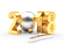 Golden 2018 New Year With Christmas Ball And The Fallen Digit 7 On A White Background. 3D Illustration