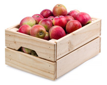 Wooden Box Full Of Fresh Apples Isolated On A White