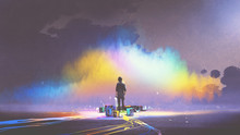 Man With Brush And Paint Buckets Stands In Front Of Colorful Cloud, Digital Art Style, Illustration Painting