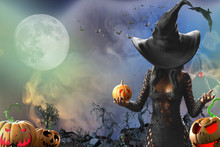 3D Illustration Of Beautiful Witch Woman Halloween Render
