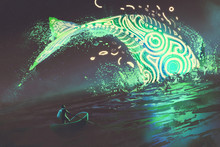 Fantasy Scenery Of Man On Boat Looking At The Jumping Glowing Green Whale In The Sea, Digital Art Style, Illustration Painting