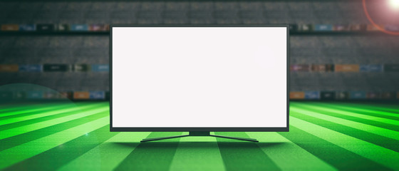 Wall Mural - TV screen on a soccer field background. 3d illustration