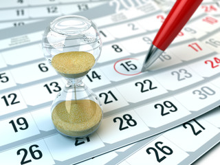 Fototapete - Concept of Time, calendar, organizing - 3d rendering of Hourgalss and red pen on calendar