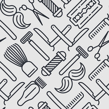 Monochrome Barber Shop Seamless Pattern With Thin Line Icons Of Shaving Accessories. Vector Illustration For Web Page, Banner, Print Media.