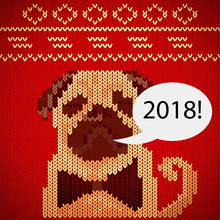 Vector Christmas Card With A Cartoon Dog Breed Dachshund Wearing A Sweater. 2018 Year Of The Dog.