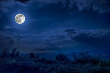 Mountain Road Through The Forest On A Full Moon Night. Scenic Night Landscape Of Dark Blue Sky With Moon