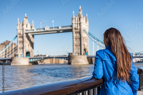 Plakat Londyńska turystyczna miasto podróży kobieta cieszy się widok Basztowy most. Miejski styl życia turystyka Europa przeznaczenia wakacje osoba ciesząc się widokiem słynnego przyciągania, Anglii, Wielkiej Brytanii, Wielkiej Brytanii.