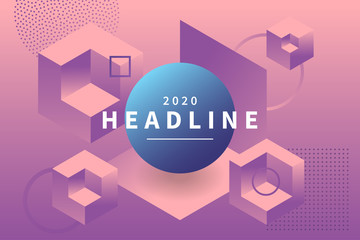 Poster - Abstract holographic background with 3d geometric shapes. Levitating geometric figures composition. Trendy banner with copy space frame. Applicable for party invitation, conference invite.