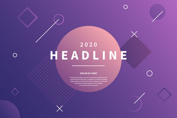 Abstract memphis style purple background with dynamic geometric shapes. Trendy banner with copy space frame. Applicable for presentation, party invitation, brochure. Vector eps 10.