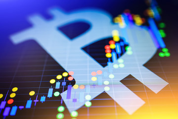 Wall Mural - Data analyzing in exchange stock market: the candle chars on display. Analytics price change cryptocurrency BTC to USD (Bitcoin / US Dollar), the most popular pair in the world. Big Bitcoin logo.