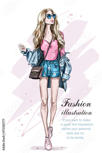 Beautiful Young Blonde Hair Woman With Bag Hand Drawn Fashion