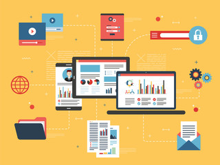Tablet with performance analysis, laptop and internet screen with data, search icons and project management, application developments. Concept for successful business in flat vector design.
