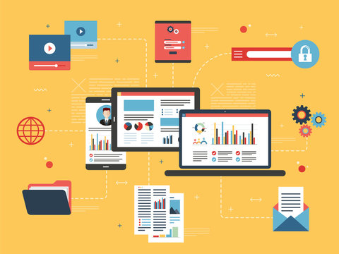 tablet with performance analysis, laptop and internet screen with data, search icons and project man