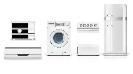 Set icons of household appliances on a white background. Air conditioning, washing machine, gas hob and white fridge, isolated 3D illustration with realistic shadows and reflections.