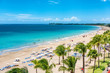 Puerto Rico beach travel vacation landscape background. Isla Verde resort in San Juan, famous tourist cruise ship destination in the Caribbean.