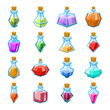 Alchemy witch magic beverage elixir potion poison antidote glass bottle icons set isolated cartoon game design vector illustration