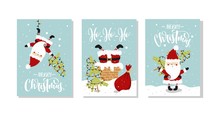 Vector Merry Christmas And Happy New Year Greeting Card Set With Cute Santa Claus And Hand Drawn Lettering.
