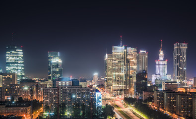 Canvas Print - Warsaw downtown at night, Poland. Wide angle