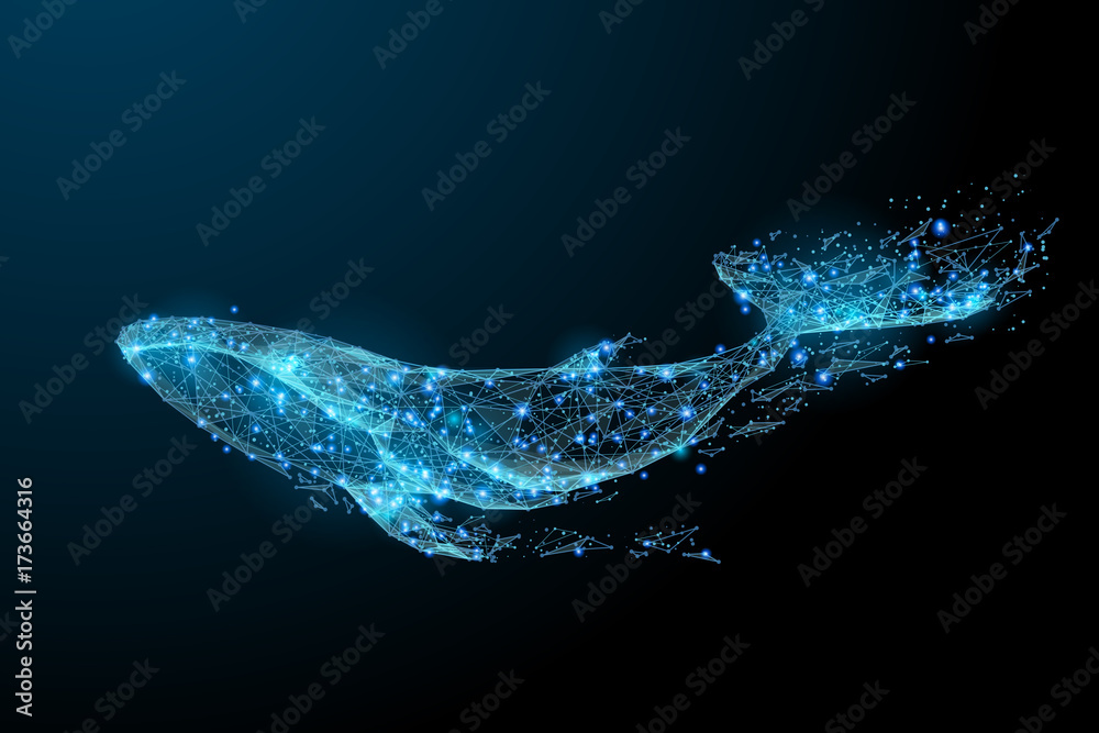 Blue whale composed of polygon. Marine animal digital concept. Low poly vector illustration of a starry sky or Comos. The whale consists of lines, dots and shapes. Wireframe light connection structure - obrazy, fototapety, plakaty 