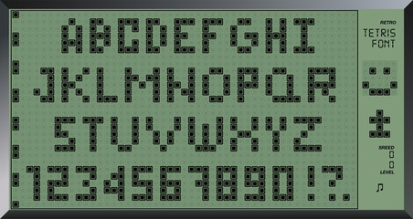 Fototapete - Retro tetris font. 8 bit letters and numbers. Old pixel game design. Tetris Made Alphabet ABC. Vector illustration.