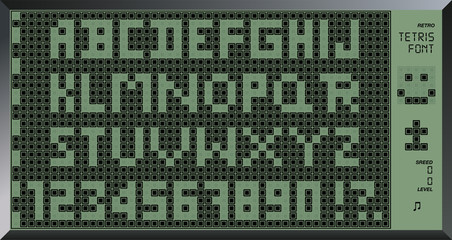 Fototapete - Retro tetris font. 8 bit letters and numbers. Old pixel game design. Tetris Made Alphabet ABC. Vector illustration.