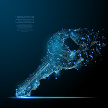Lock Key Isolated From Low Poly Wire Frame On Dark Background. Data Storage And Protection Vector Polygonal Image In The Form Of A Starry Sky Or Space, Consisting Of Points, Lines, And Shapes.