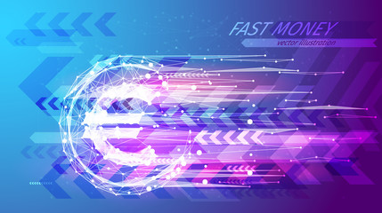 Aufkleber - Fast money concept. Euro coin in the form of a starry sky or space, consisting of points, lines, and shapes in the form of planets, stars and the universe. Shotgun vector wireframe. Blue purple