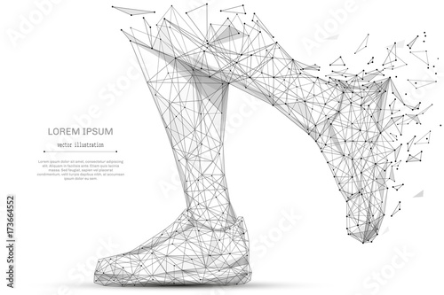 Fotografía Abstract mash line and point feet in sneakers running on white background with an inscription