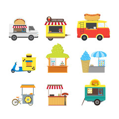 Canvas Print - Cartoon Street Food Truck Stall Kiosk Set. Vector