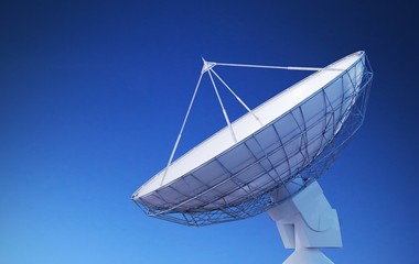 Wall Mural - satellite dish or radio antenna against blue sky. 3d rendered illustration.