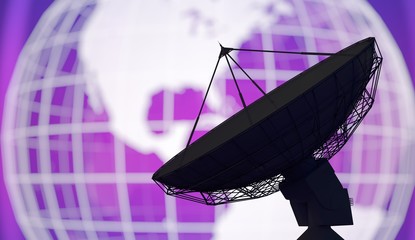 Wall Mural - global network concept. 3d rendered illustration of satellite dish. defocused earth in background.