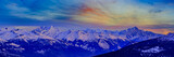 Fototapeta Do pokoju - Scenic panorama sunset landscape of Crans-Montana range in Swiss Alps mountains with peak in background, Crans Montana, Switzerland.