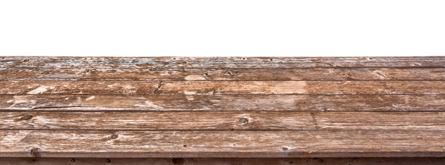 Empty wooden table top isolated on white background, ready to use for display or montage of your products