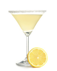 Poster - Glass of lemon drop martini with fruit on white background