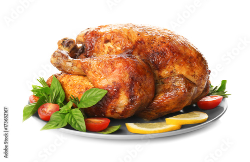 Fotomural Plate with roasted turkey on white background
