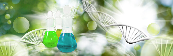 Image of chemical glassware on chain of DNA background