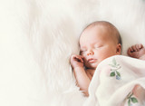 Sleeping newborn baby in a wrap on white blanket.